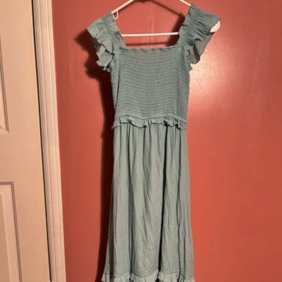 "Teal Smocked Ruffle-Sleeve Tiered Maxi Dress". - Picture 4 of 4